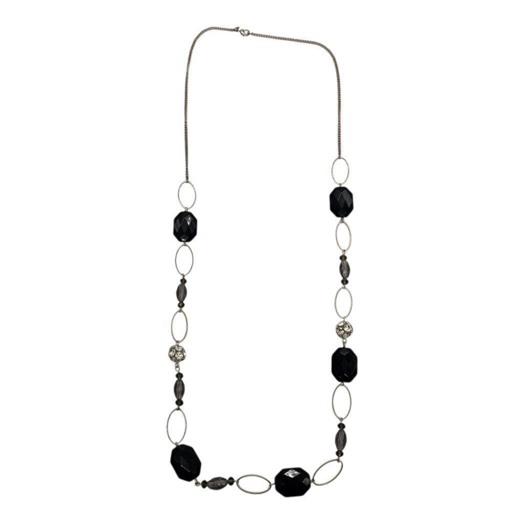 Vintage Nrt Silver-Tone Chain Necklace With Black & Clear Beads 17-Inch Length